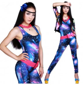 Royal blue fuchsia spandex sky stars printed women's ladies fashion stage performance singer jazz dancing leotards pants bodysuits catsuits jumpsuits
